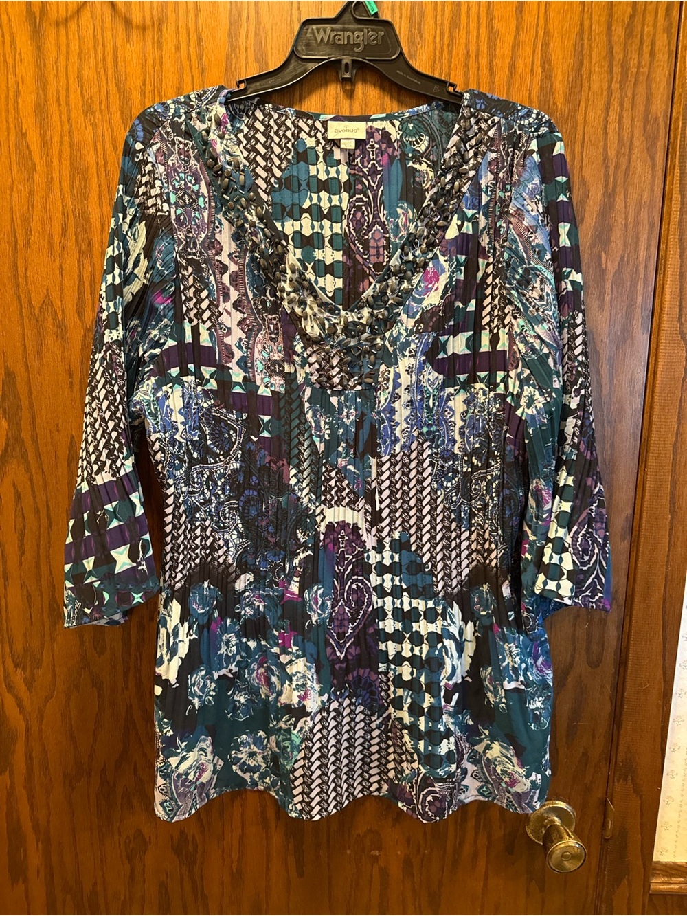 Avenue Teal & Purple Multi-Print V-Neck Women's Top